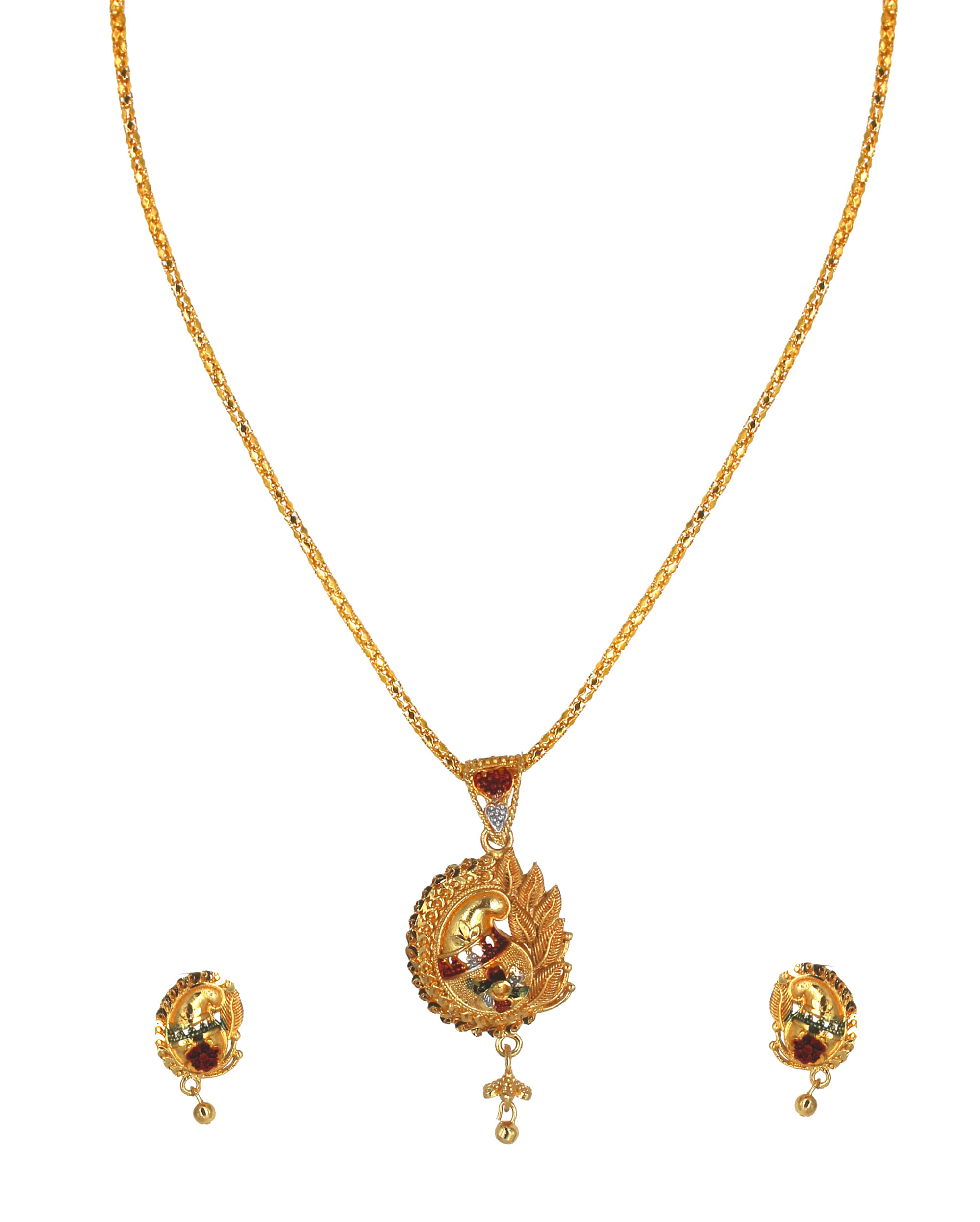     			SHANKHRAJ MALL NON ADJUSTABLE GOLD PLATED MEENA KARI PENDANT SET WITH 18"INCH CHAIN AND EYERINGS-100405