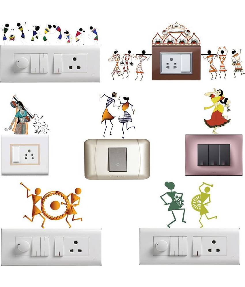 WallDesign Ancient Peoples Warli Vinyl Switch Board Sticker - Pack of 7