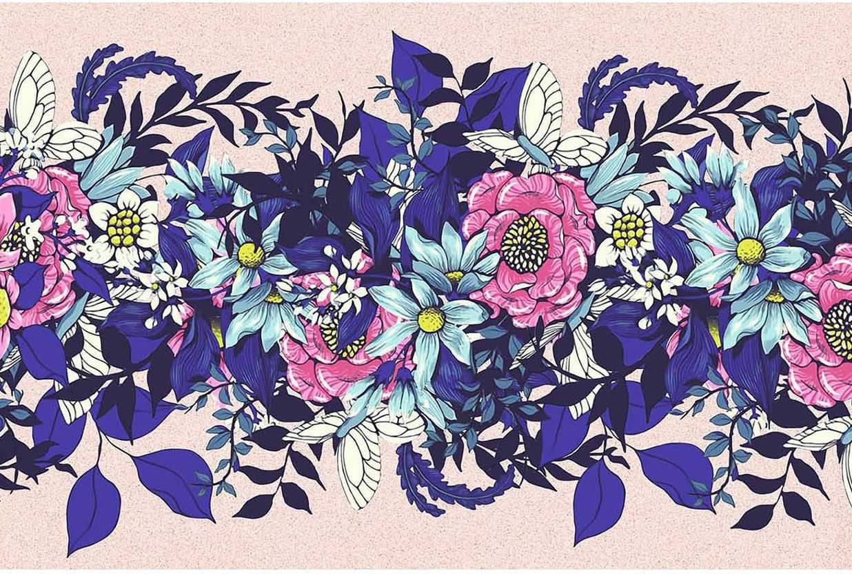     			WallDesign Pink &amp; Blue Flowers - 14 cm W x 305 cm L Floral Sticker ( 305 x 14 cms )