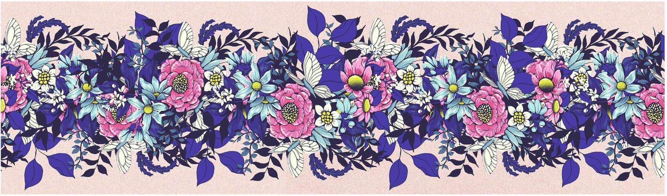     			WallDesign Pink &amp; Blue Flowers - 14 cm W x 153 cm L Floral Sticker ( 153 x 14 cms )
