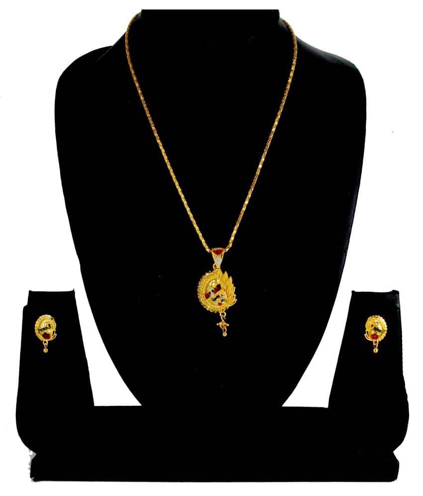     			shankh-kriva NON ADJUSTABLE GOLD PLATED MEENA KARI PENDANT SET WITH 18"INCH CHAIN AND EYERINGS-100405