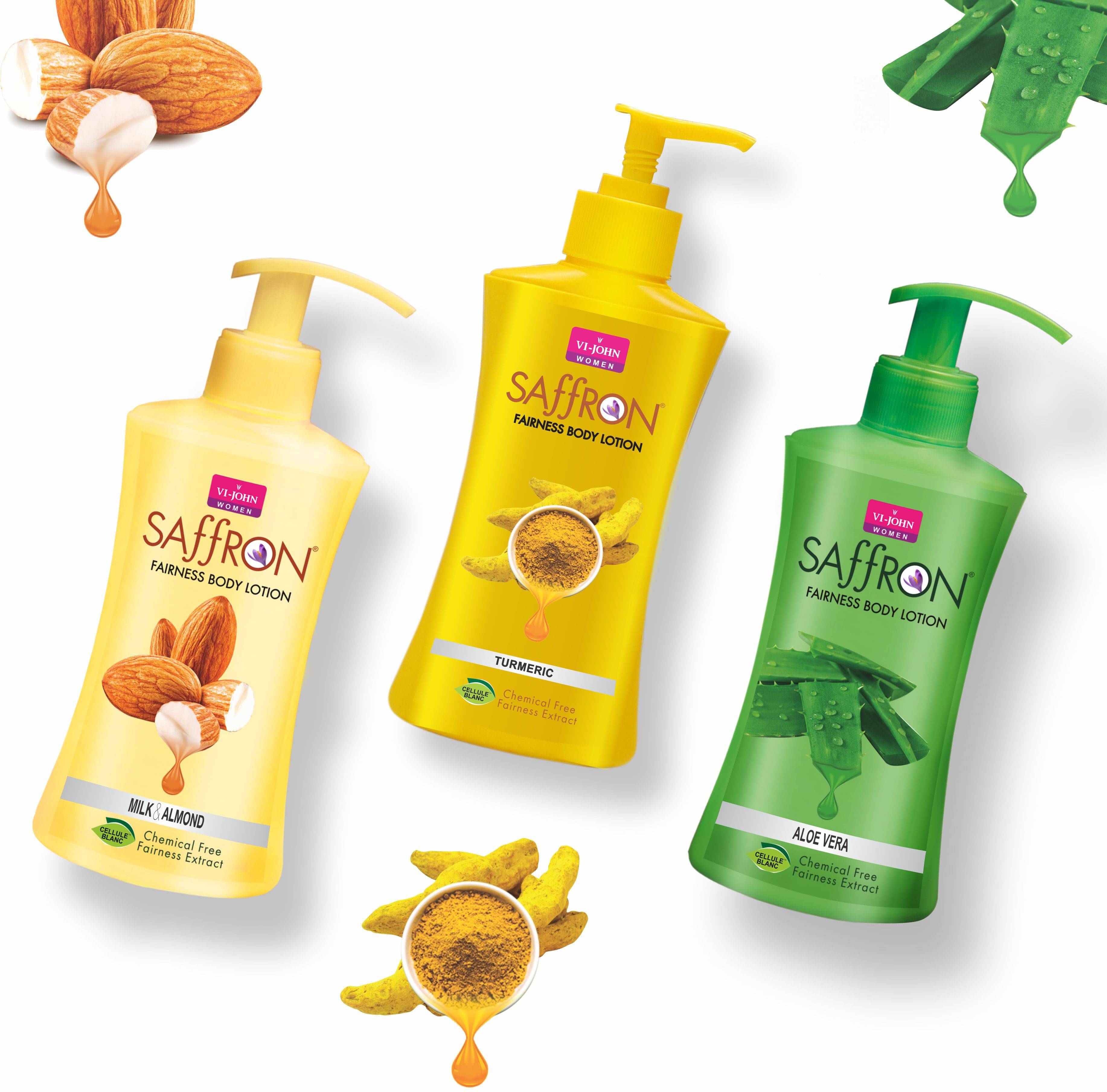VI-JOHN Saffron Fairness Body Lotion Turmeric , Aloevera & Milk & Almond 250ml Pack of 3 VI-JOHN Saffron Fairness Body Lotion Turmeric , Aloevera & Milk & Almond 250ml Pack of 3