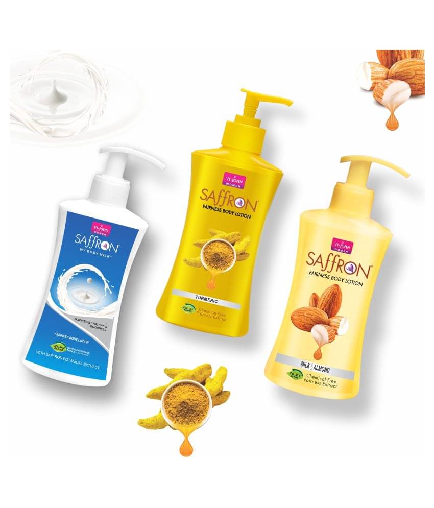     			VI-JOHN Saffron Fairness Body Lotion Turmeric , My Body Milk & Milk & Almond 250ml Pack of 3