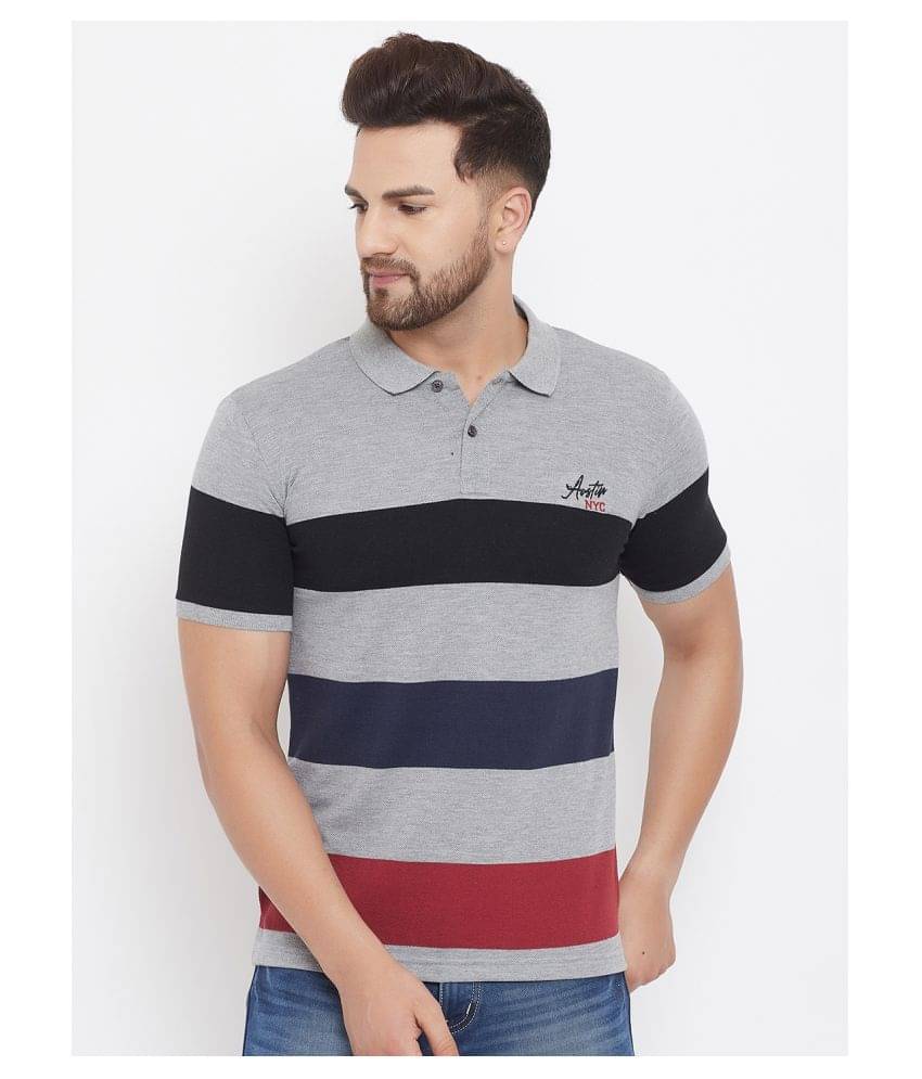 AUSTIN WOOD Pack of 1 Cotton Blend Regular Fit Striped Half Sleeves Men's Polo T Shirt ( Multicolor ) AUSTIN WOOD Pack of 1 Cotton Blend Regular Fit Striped Half Sleeves Men's Polo T Shirt ( Multicolor )