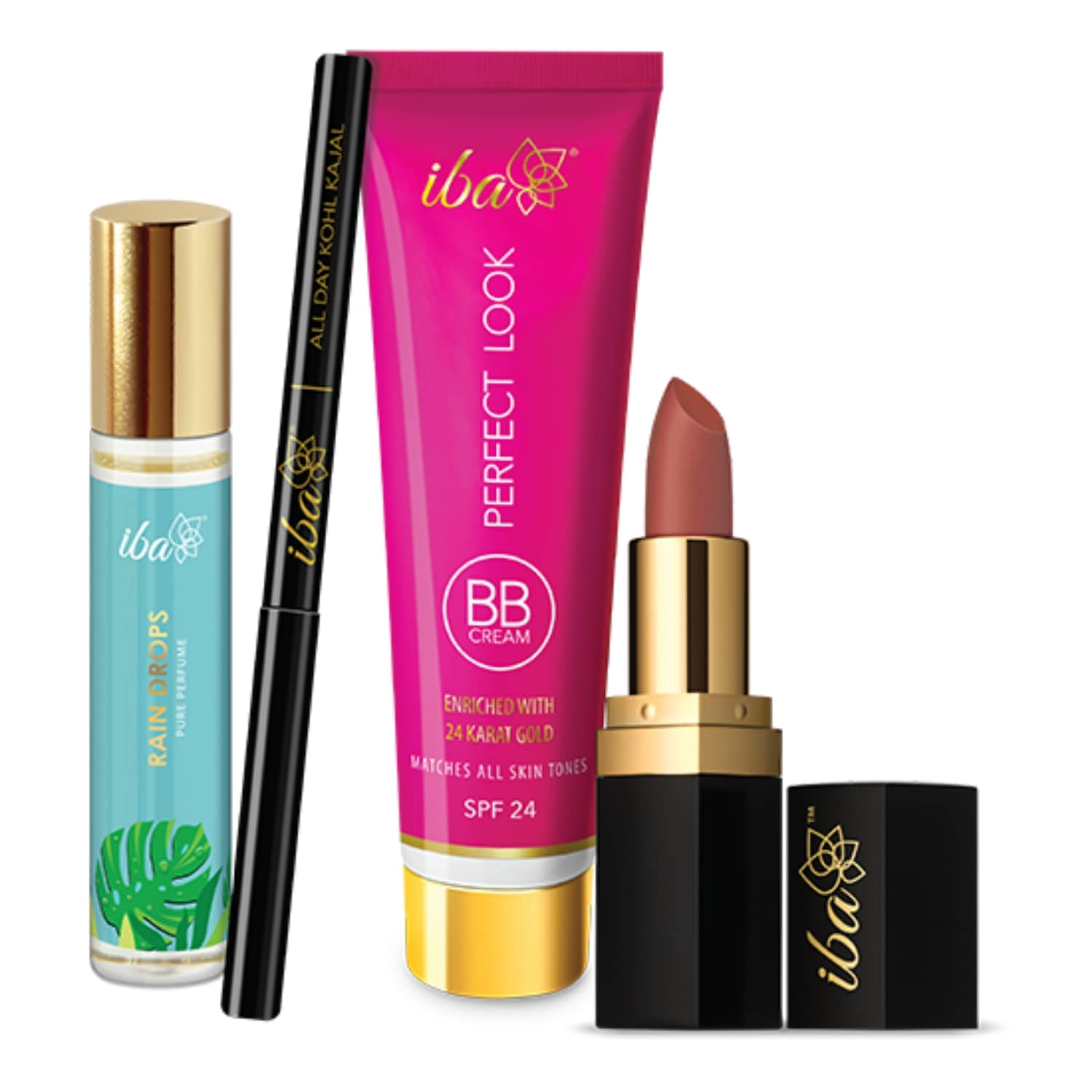 Iba Bestsellers Bundle Rain Drops Perfume, Kohl Kajal, BB Cream,Medium Shade, Lipstick, (Pack of 4)