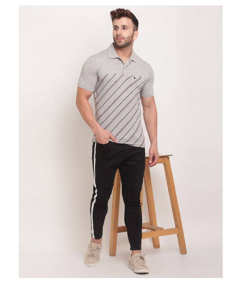 BULLMER Pack of 1 Cotton Blend Regular Fit Striped Half Sleeves Men's Polo T Shirt ( Grey )     			BULLMER Pack of 1 Cotton Blend Regular Fit Striped Half Sleeves Men's Polo T Shirt ( Grey )