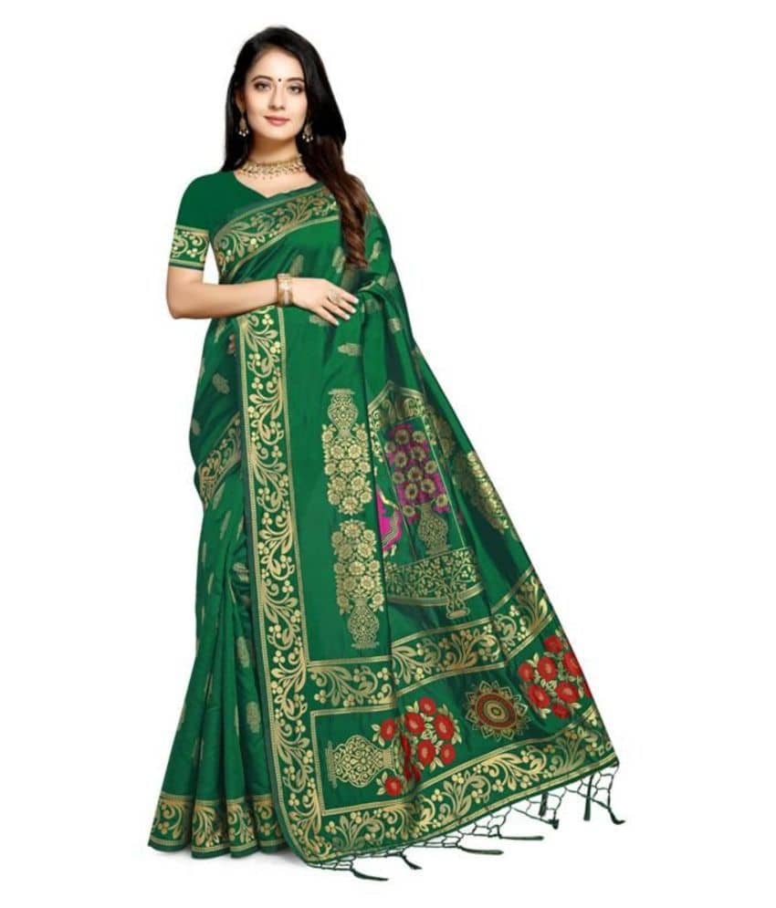 NENCY FASHION Banarasi Silk Printed Saree With Unstitched Blouse Piece ( Green ) - Sarees | Buy online on ZillyBuy