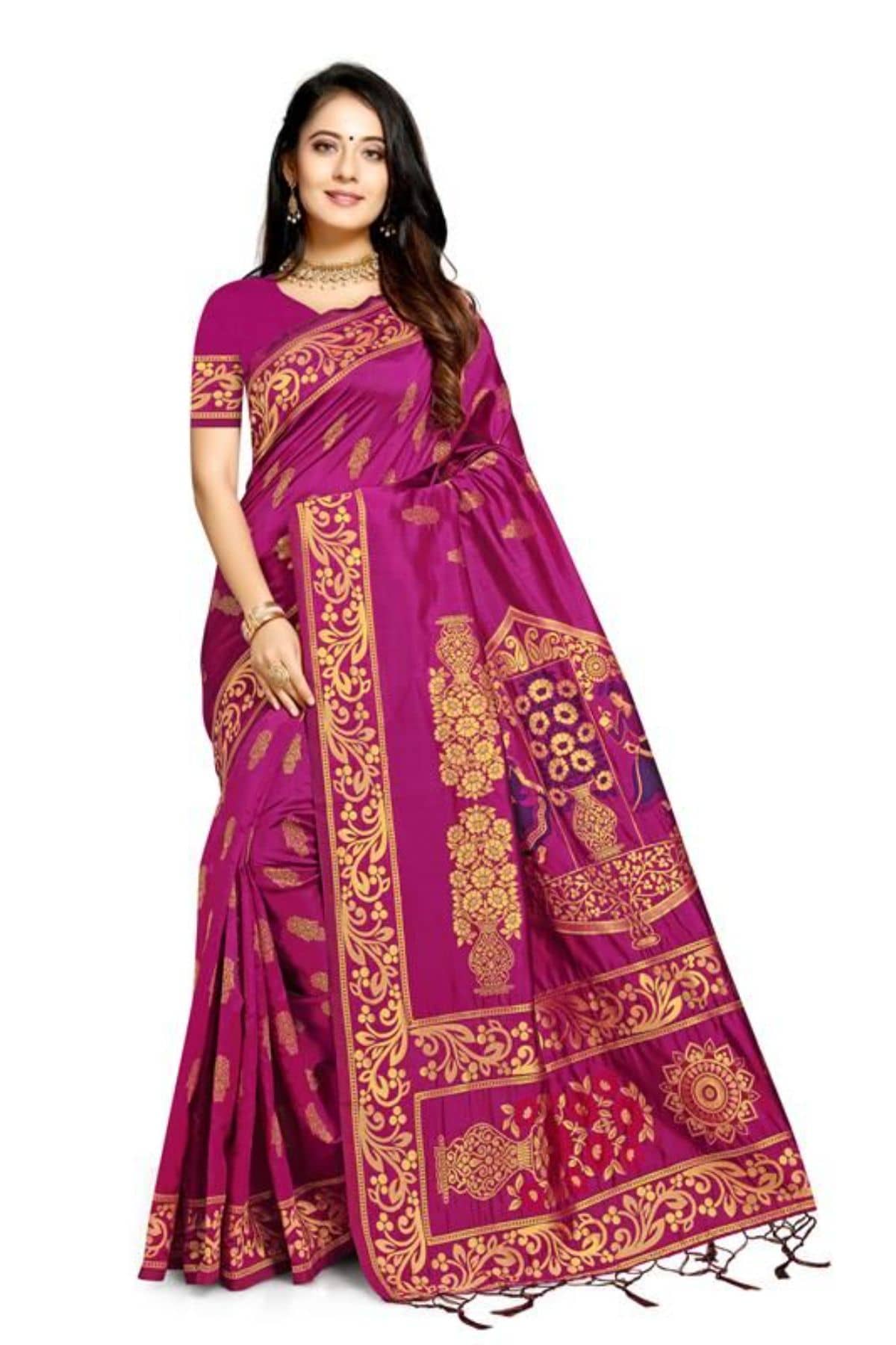 NENCY FASHION Banarasi Silk Self Design Saree With Unstitched Blouse Piece ( Pink ) - Sarees | Buy online on ZillyBuy