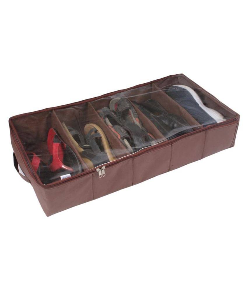     			PrettyKrafts 5 pair shoe storage box shoe organizer underbed closet shoe box folding, Single, Brown