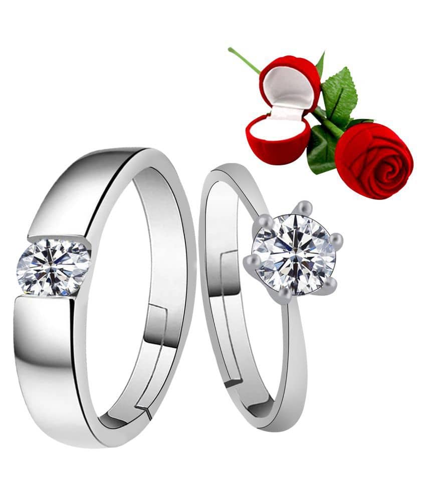 Silver Shine Silver Plated Adjustable Couple Ring with 1 Piece Red Rose Gift Box for Men and Women