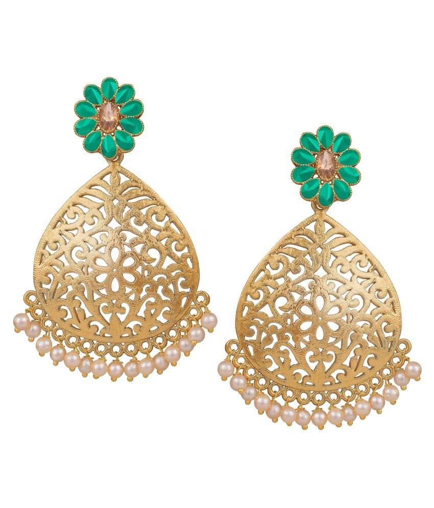     			Stylish Golden Plated Polki Stone Studded In Flower with Drop Dangler White Pearl Earring.