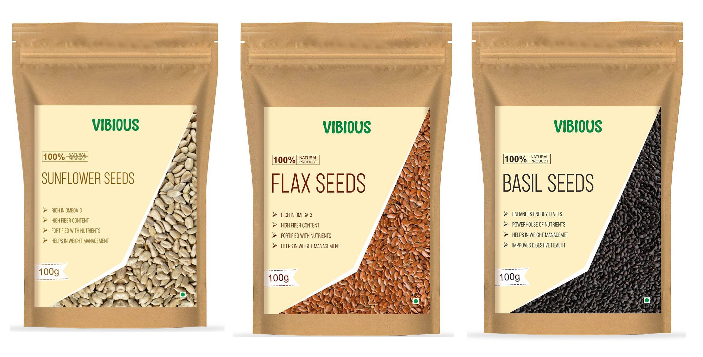VIBIOUS Premium Grade Combo pack of 3 Edible Raw Seeds of Basil, Flax & Sunflower 300g(100gX3) VIBIOUS Premium Grade Combo pack of 3 Edible Raw Seeds of Basil, Flax & Sunflower 300g(100gX3)