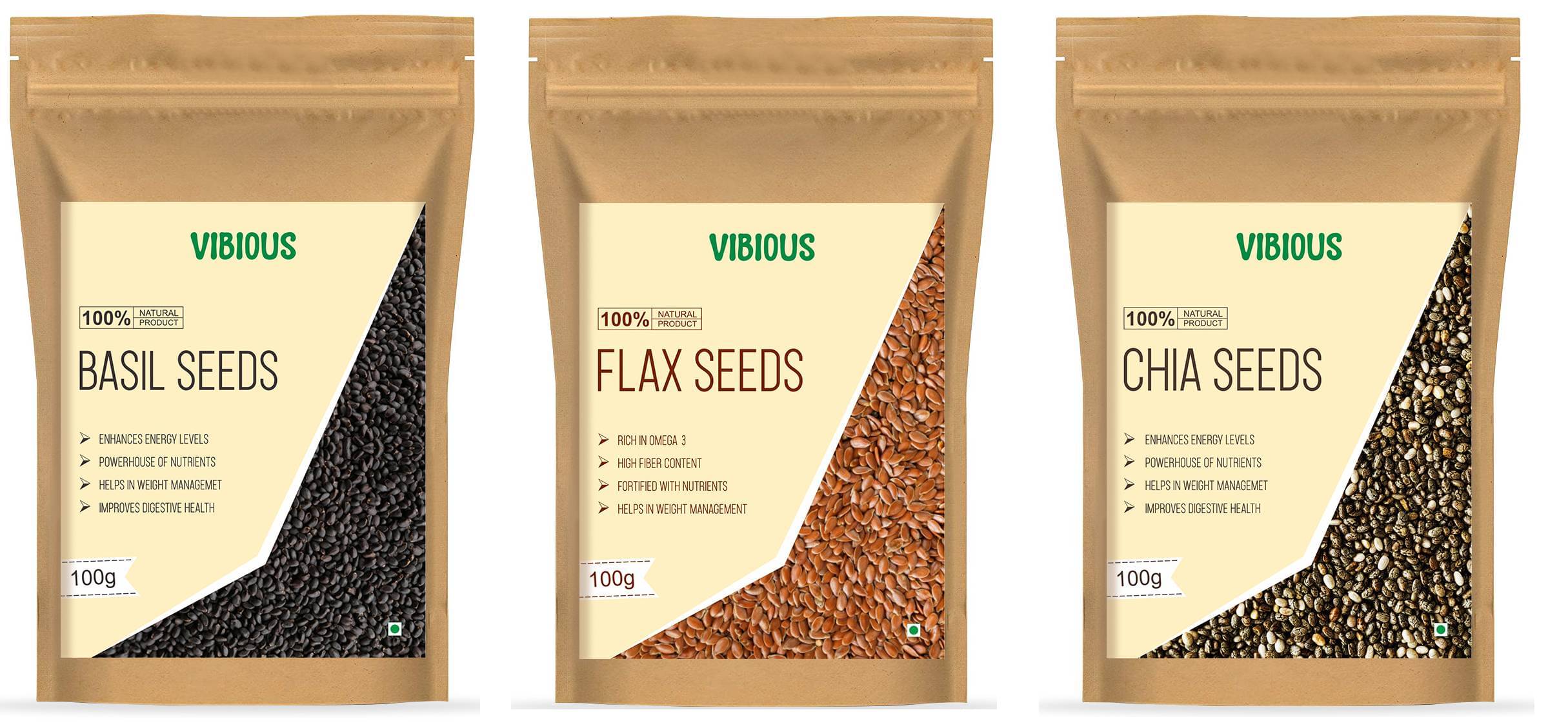 VIBIOUS Premium Grade Combo pack of 3 Edible Raw Seeds of Chia, Basil & Flax 300g(100gX3) VIBIOUS Premium Grade Combo pack of 3 Edible Raw Seeds of Chia, Basil & Flax 300g(100gX3)