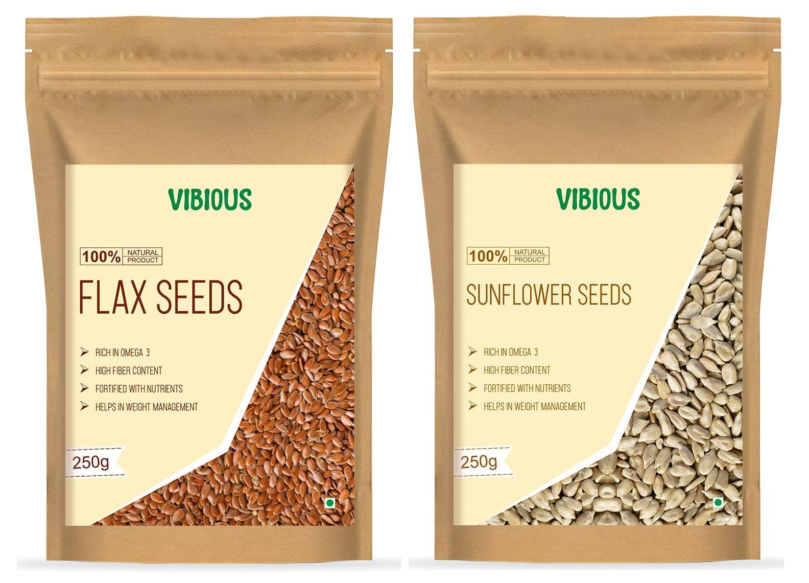 VIBIOUS Combo Pack of Premium Quality Raw Seeds, Flax Seed & Sunflower Seed 500g (250gX2) VIBIOUS Combo Pack of Premium Quality Raw Seeds, Flax Seed & Sunflower Seed 500g (250gX2)