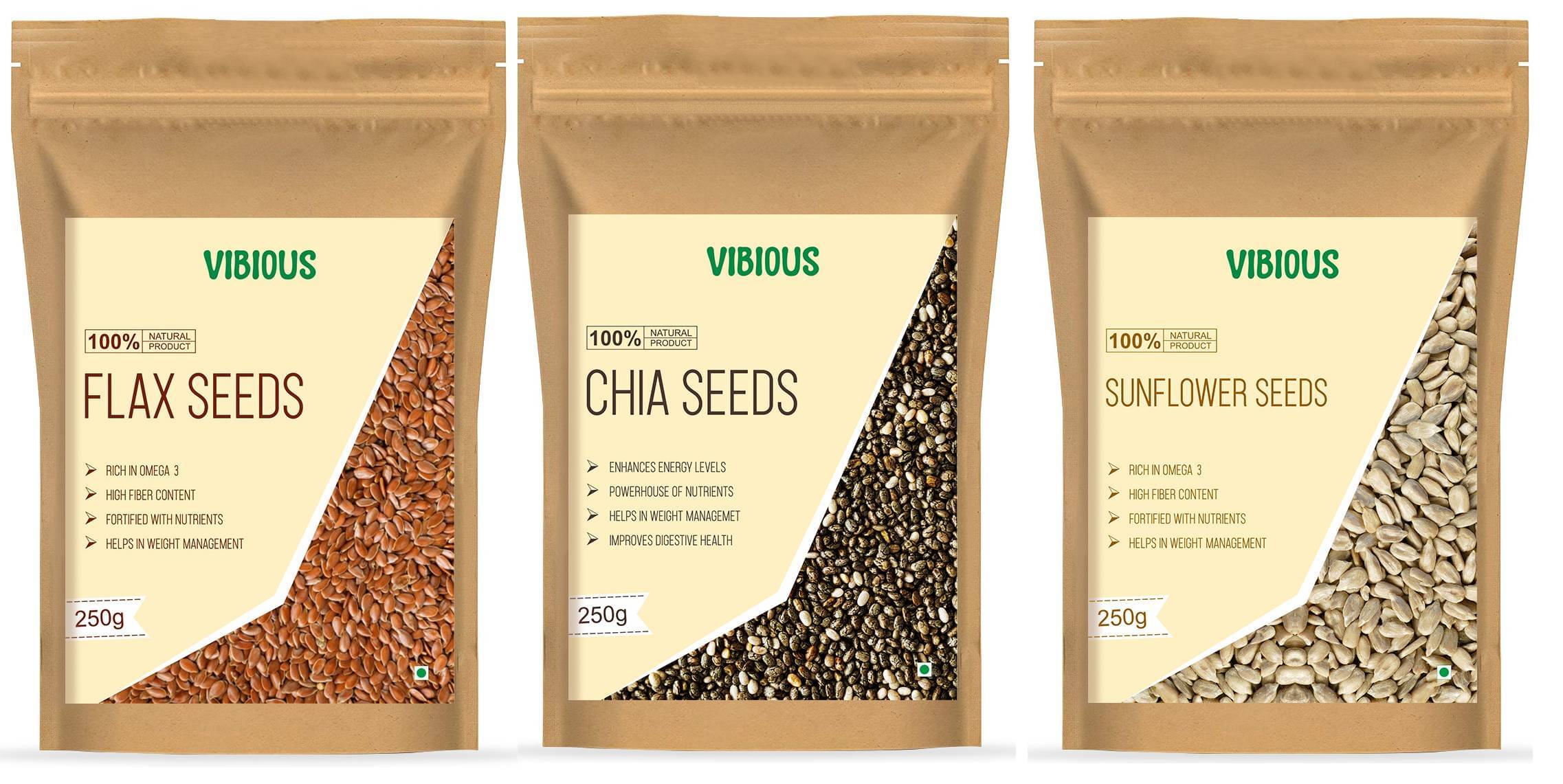 VIBIOUS Premium Grade Combo pack of 3 Edible Raw Seeds of Chia, Flax & Sunflower 750g (250gX3) VIBIOUS Premium Grade Combo pack of 3 Edible Raw Seeds of Chia, Flax & Sunflower 750g (250gX3)