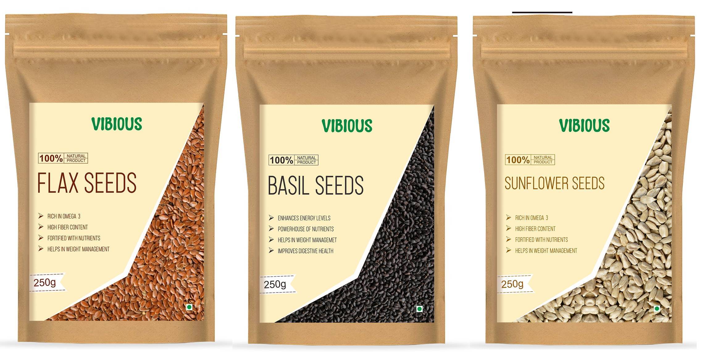 VIBIOUS Premium Grade Combo pack of 3 Edible Raw Seeds of Basil, Flax & Sunflower 750g (250gX3)     			VIBIOUS Premium Grade Combo pack of 3 Edible Raw Seeds of Basil, Flax & Sunflower 750g (250gX3)