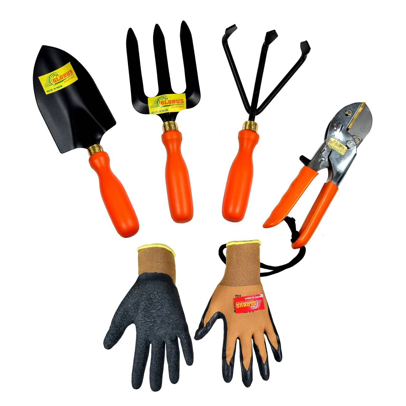     			GLOBUS 930 Garden Tool Set/5 PCS ( Big Trowel, Weeder Fork, Hand Cultivator orange colour, Pruning Shear chrome Plated with working gloves, Pack of 5)