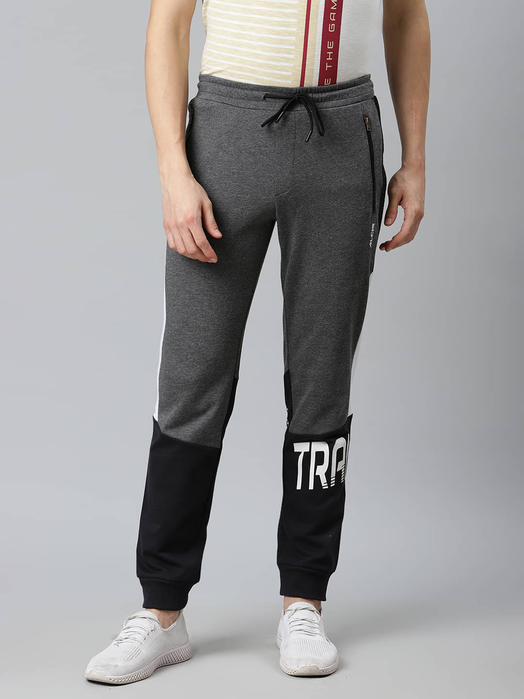 Alcis Men Charcoal Grey & Black Slim Fit Colourblocked Joggers Alcis Men Charcoal Grey & Black Slim Fit Colourblocked Joggers