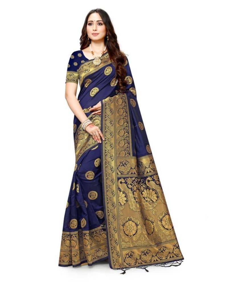 NENCY FASHION Silk Blend Embroidered Saree With Unstitched Blouse Piece ( Blue ) - Sarees | Buy online on ZillyBuy