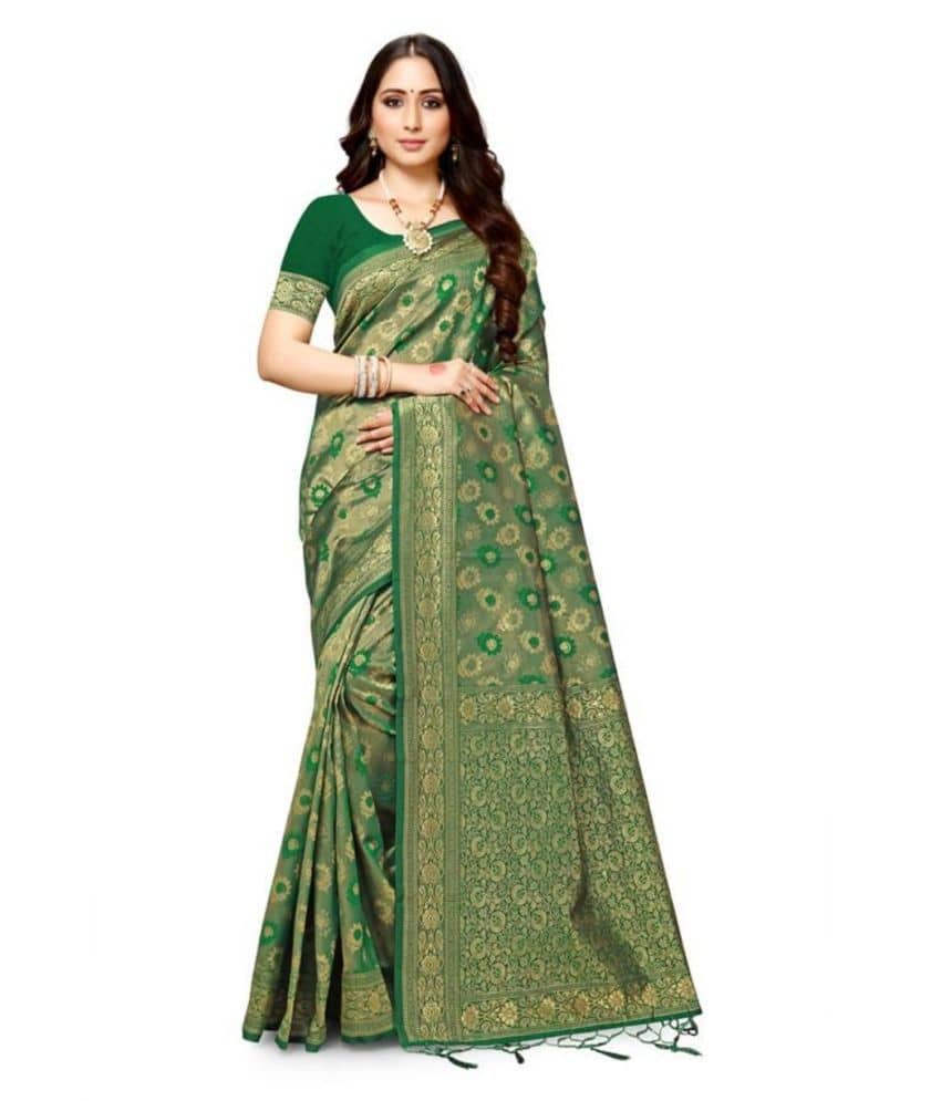 NENCY FASHION Banarasi Silk Self Design Saree With Unstitched Blouse Piece ( Green ) - Sarees | Buy online on ZillyBuy