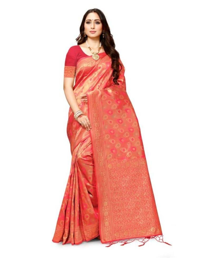 NENCY FASHION Banarasi Silk Printed Saree With Unstitched Blouse Piece ( Pink ) - Sarees | Buy online on ZillyBuy