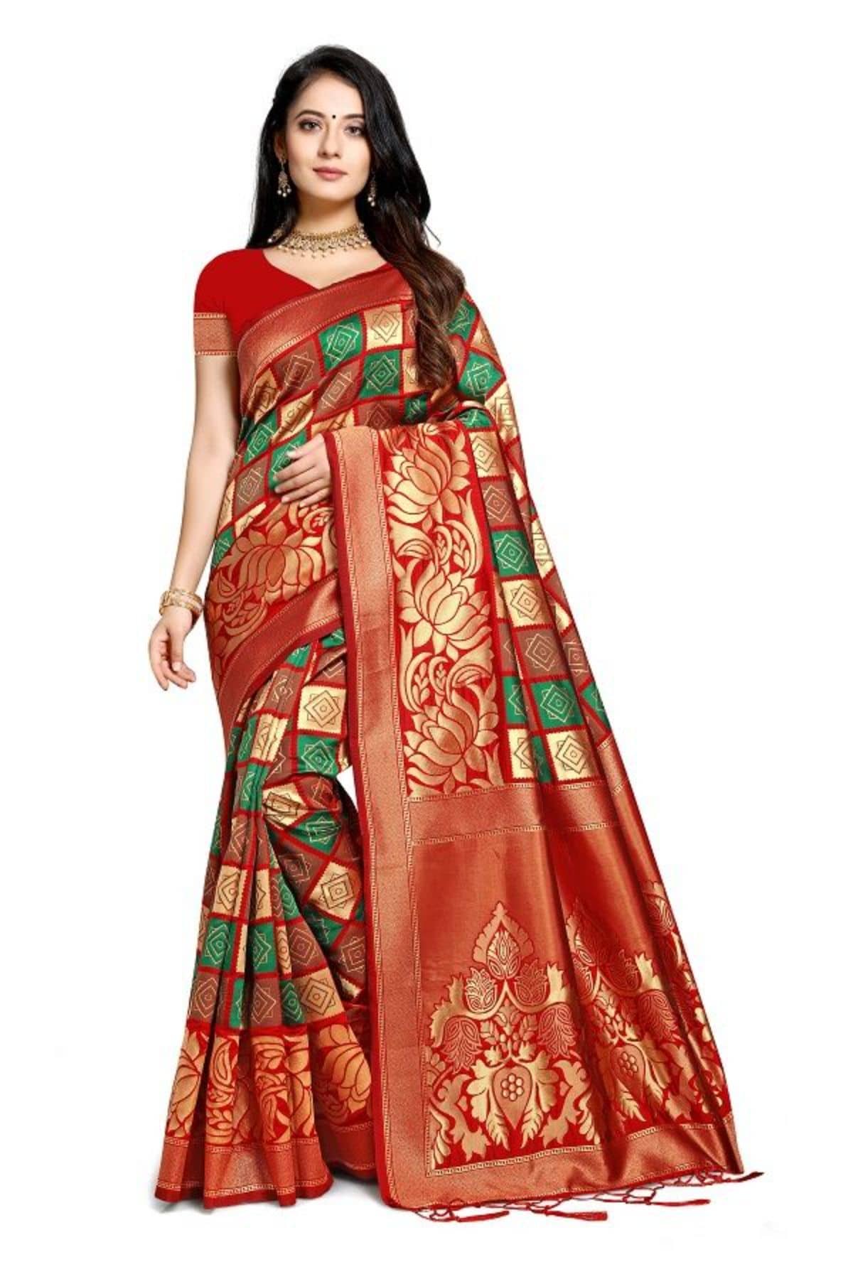 NENCY FASHION Banarasi Silk Printed Saree With Unstitched Blouse Piece ( Multicolor ) - Sarees | Buy online on ZillyBuy