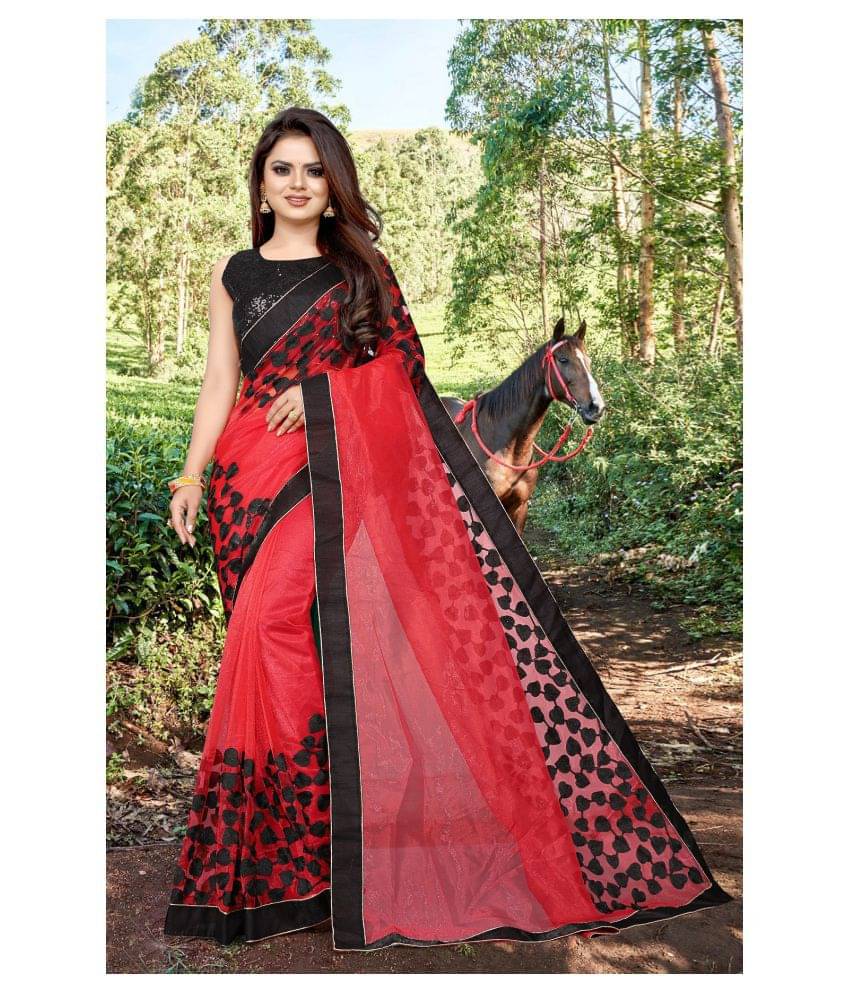 Gazal Fashions Net Embroidered Saree With Unstitched Blouse Piece ( Red )     			Gazal Fashions Net Embroidered Saree With Unstitched Blouse Piece ( Red )