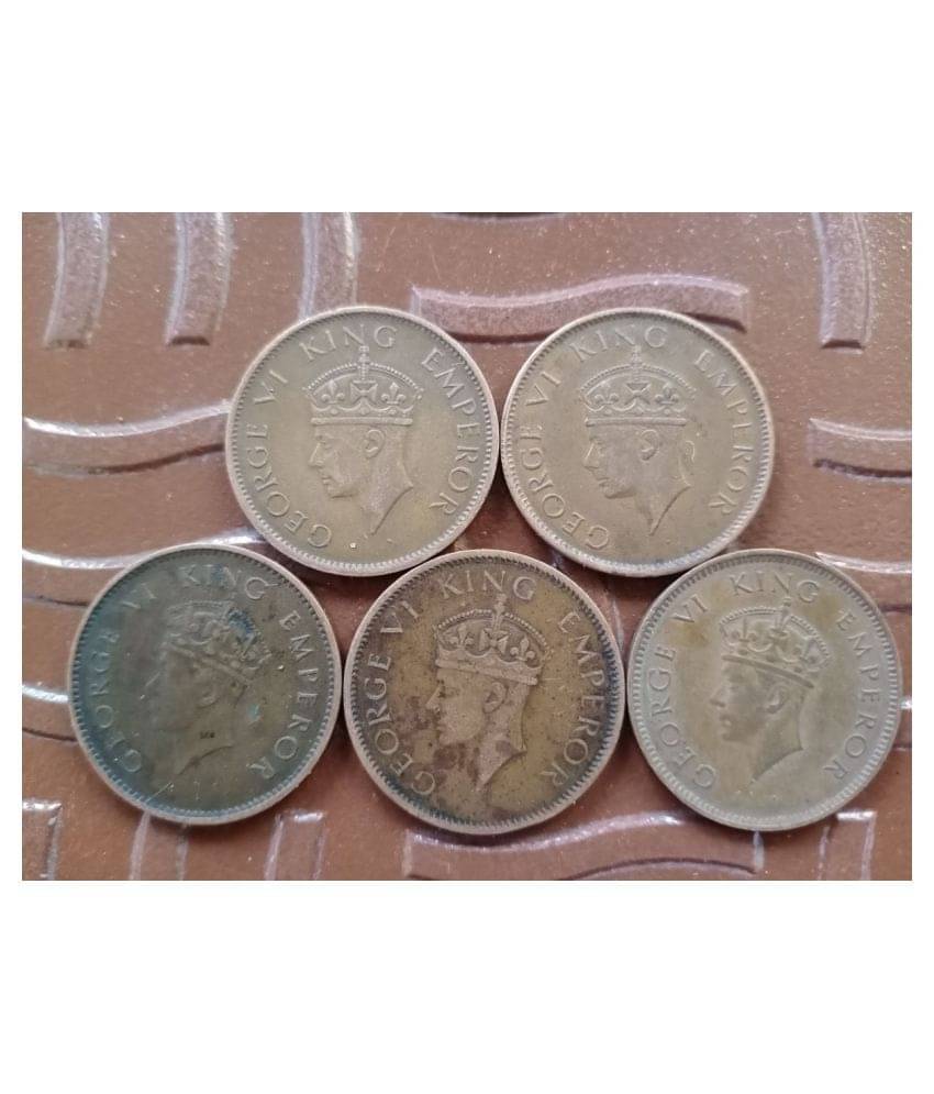     			5 COINS ALL DIFFERENT YEAR SET - British India - KING GEORGE VI KG VI - 1/4 ANNA - 1938 1939 1940 1941 1942