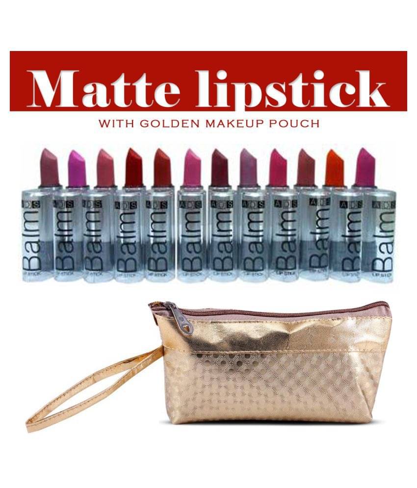     			ADS Matte Pack of 12 Multicolor Lipstick & Gold Makeup Pouch Multi 195 g