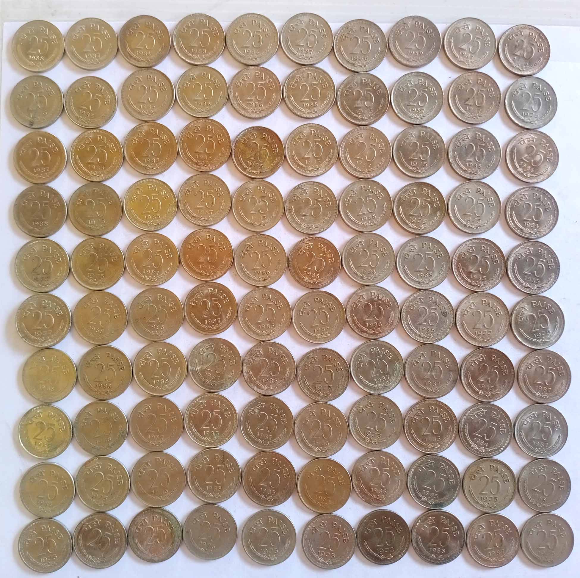     			100 COINS LOT - UNC NEW CONDITION - 25 Paise 1985 1986 1987 1988  Copper-nickel • 2.5 g • ⌀ 19 mm KM# 49 - INDIA