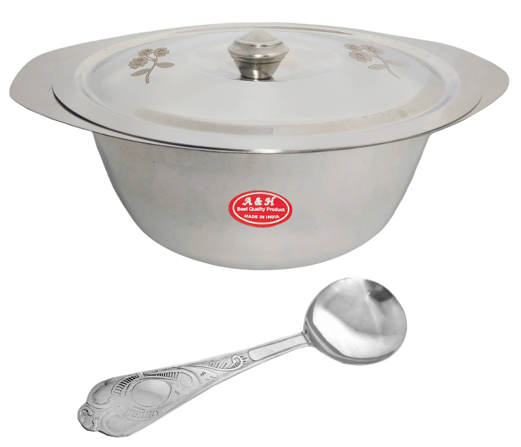 A & H ENTERPRISES Set of 1 Pc Laser Design Serving Bowls With Lid ( Dongas ) With Serving Spoon - Stainless Steel A & H ENTERPRISES Set of 1 Pc Laser Design Serving Bowls With Lid ( Dongas ) With Serving Spoon - Stainless Steel