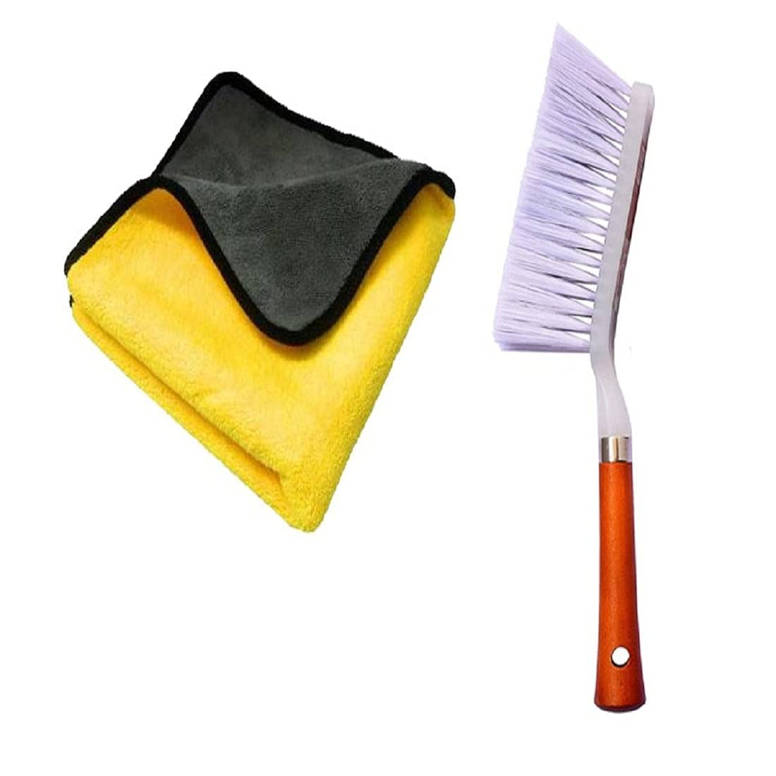 INGENS Combo of Car and Carpet Cleaning Brush and Microfiber Cleaning Cloths,40x40cms 600GSM Highly Absorbent, Lint and Streak Free,Wash Cloth for Car, Window Yellow(Pack of 1 Cloth and 1 Brush)