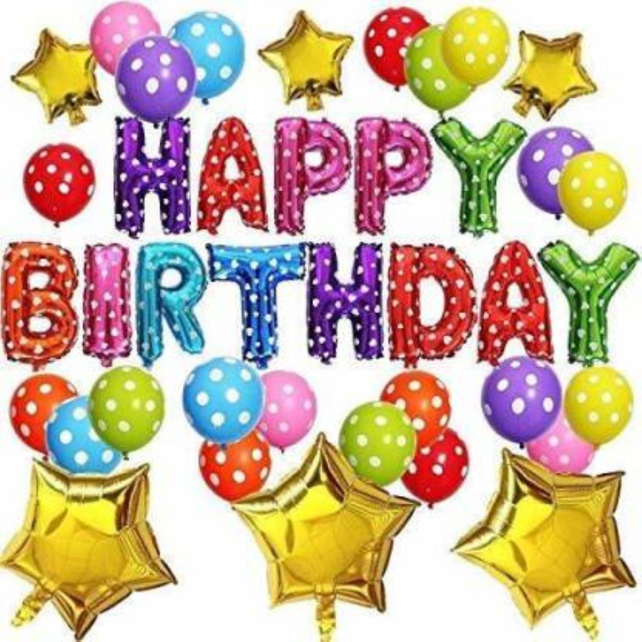     			KR Printed Multi Colour Happy Birthday Letter Alphabet with 6 Golden Star Foil ( 3 BIG 3 SMALL ) and 26 Polka dots Latex Balloons (Multi color, Pack of 45
