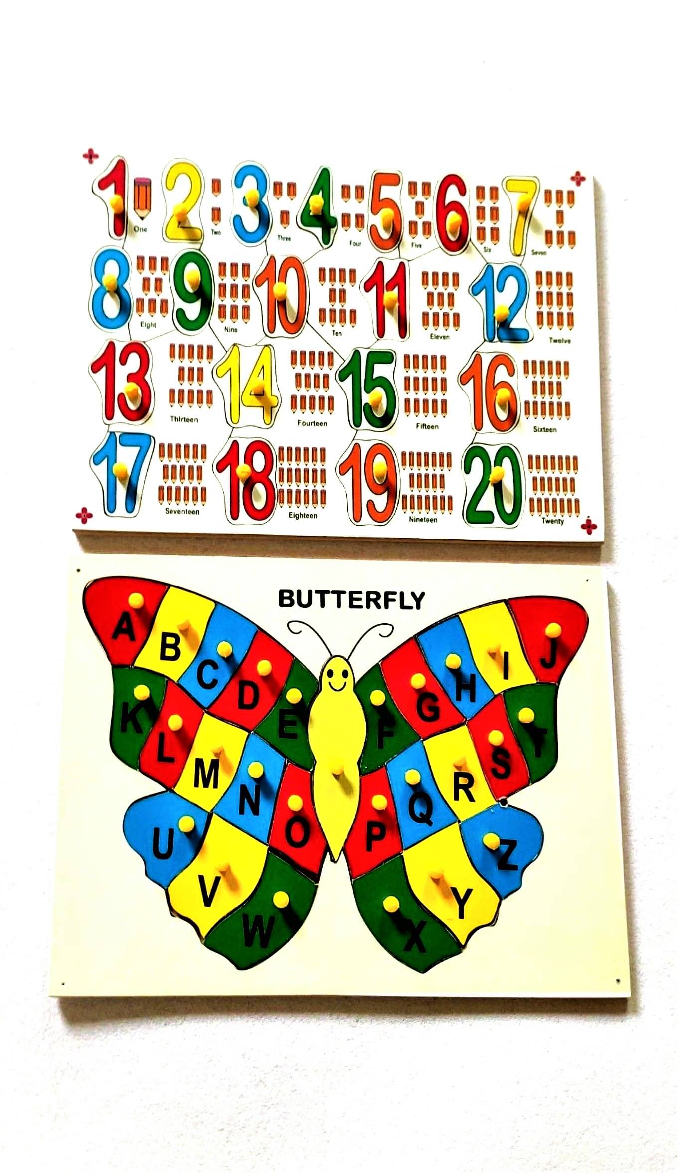     			Peters Pence Wooden Multi-Color Educational 1-20 Number, ENGLISH Alphabet Learning PUZZLE Board with Counting Pictures Pegs Puzzle Tray for PRE PRIMARY EDUCATION, Educational Boards for Kids