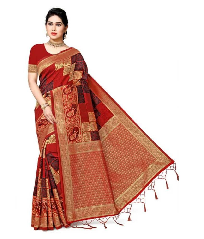 NENCY FASHION Banarasi Silk Self Design Saree With Unstitched Blouse Piece ( Red ) - Sarees | Buy online on ZillyBuy