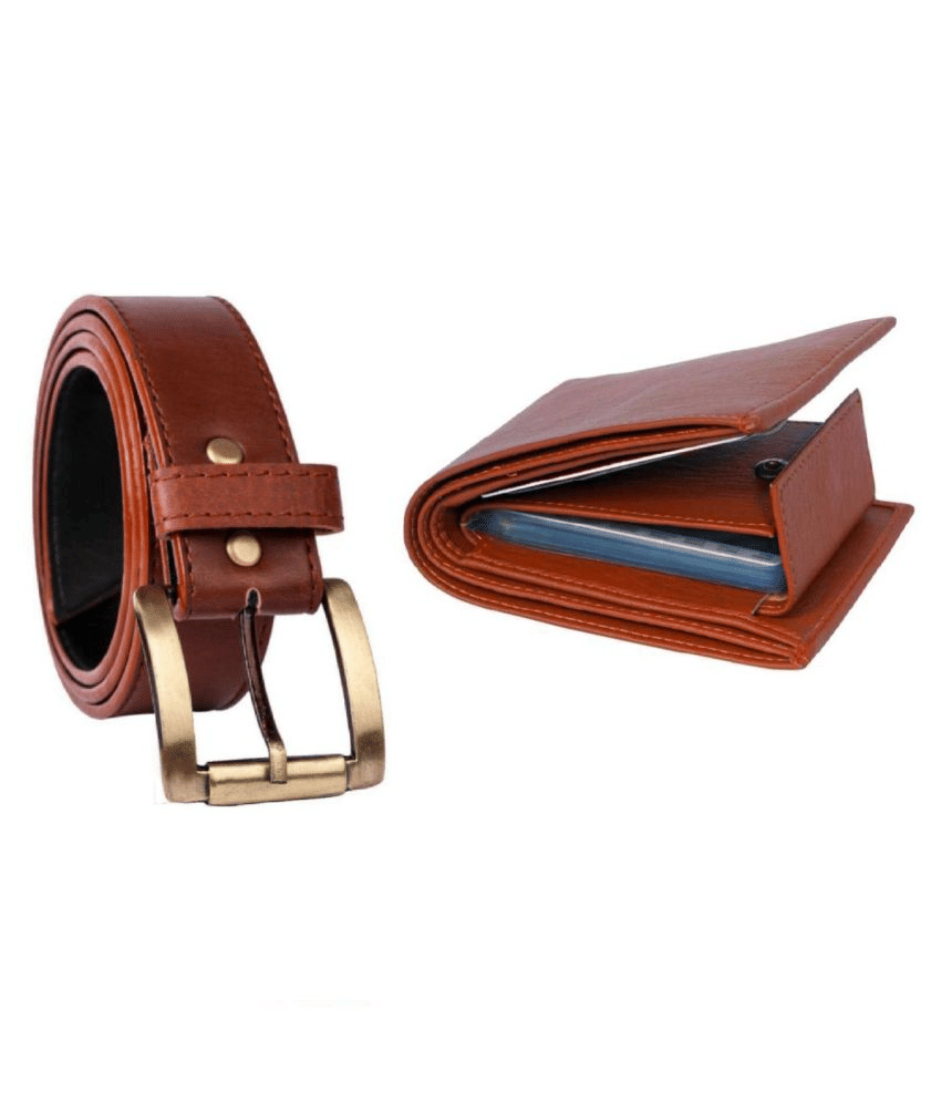 Amor Benison Brown Faux Leather Belts Wallets Set Belt