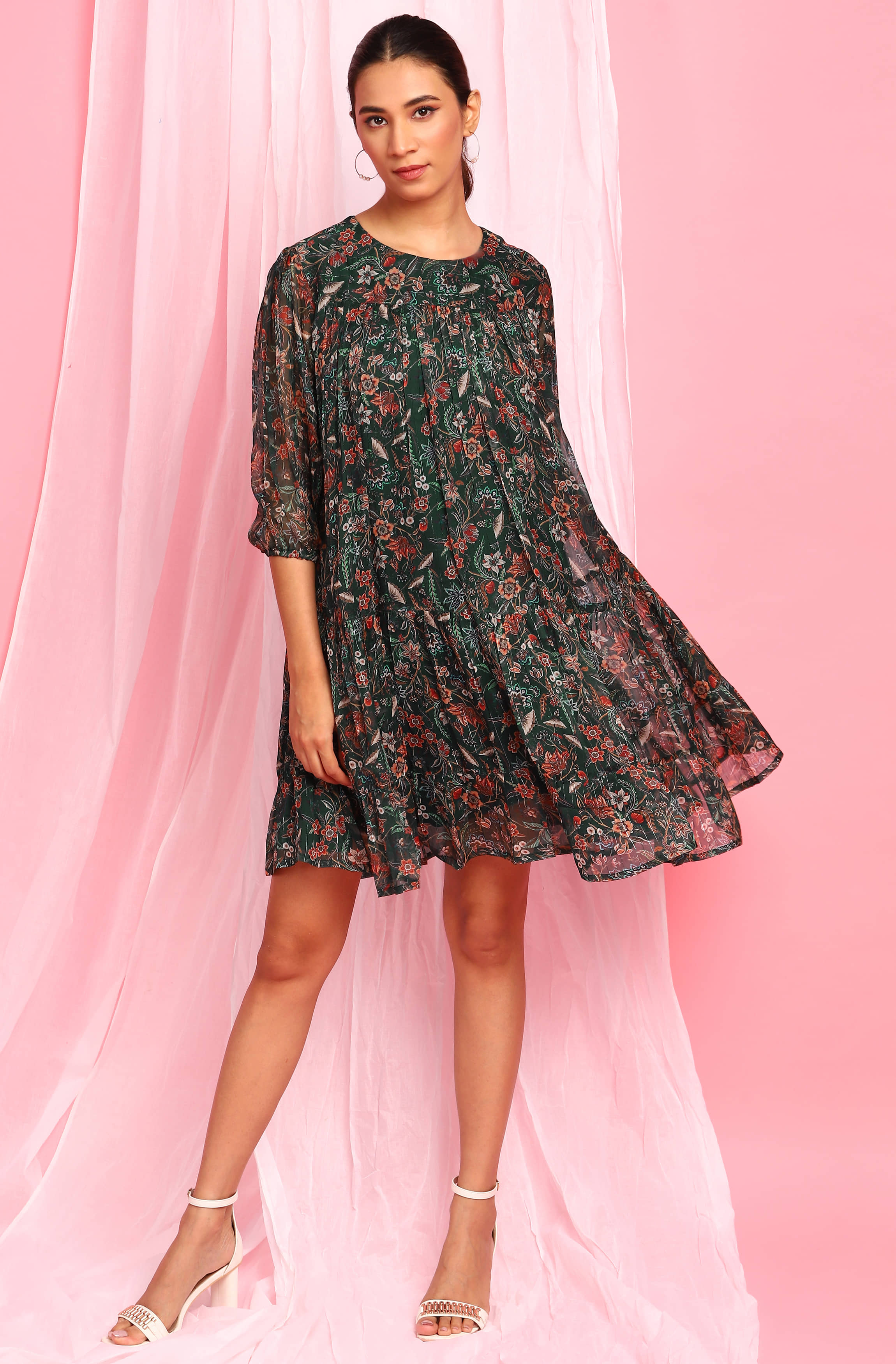 Janasya Women Georgette Fit & Flare Dress ( Green )