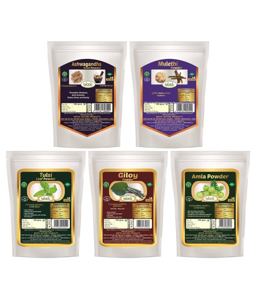Biotic Ashwagandha, Mulethi, Tulsi, Giloy and Amla Powder 500 gm Pack of 5 Biotic Ashwagandha, Mulethi, Tulsi, Giloy and Amla Powder 500 gm Pack of 5