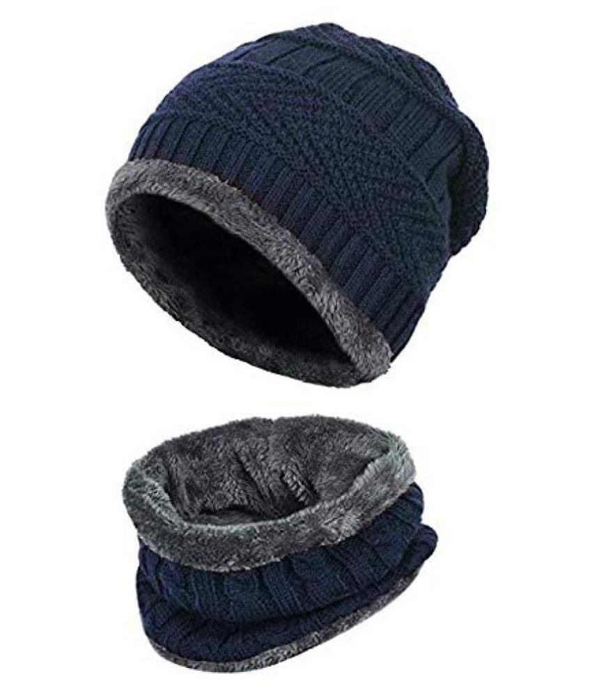     			Penyan™ 2 in 1 Winter Blue Beanie Cap for Men and Women