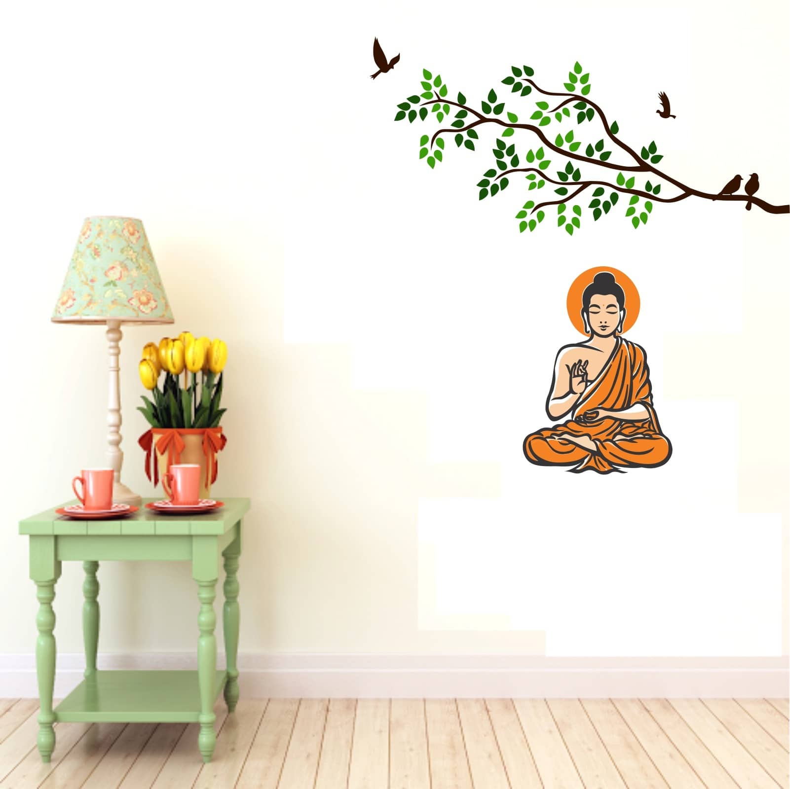 Asmi Collection Meditating God Buddha Under a Tree Wall Sticker ( 110 x 100 cms )