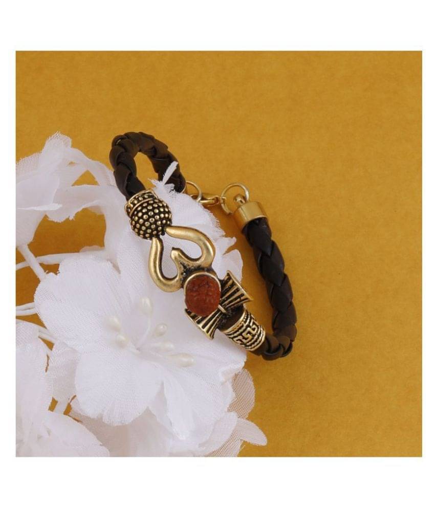     			Rudraksha OM Trishul Damroo Designer Oxidized Gold Bahubali Leather Kada Bracelet Unisex Bracelets for Men & Women