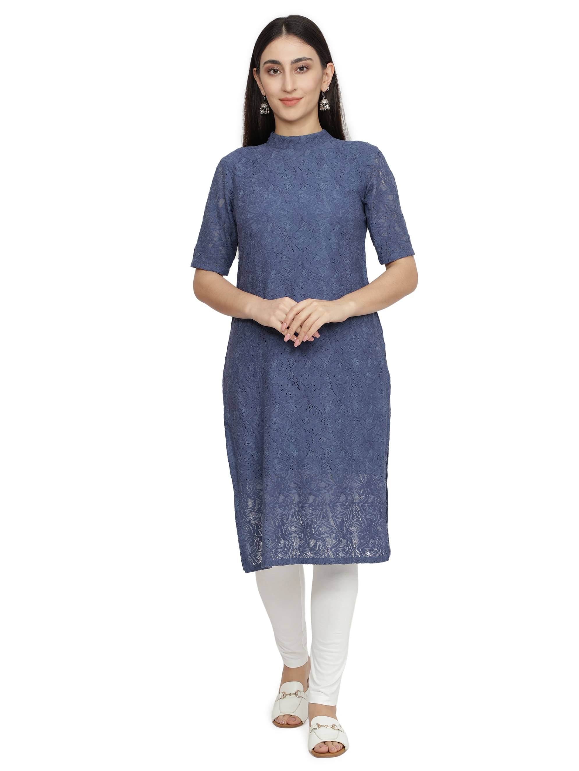 NUEVOSDAMAS - Blue Cotton Blend Women's Straight Kurti NUEVOSDAMAS - Blue Cotton Blend Women's Straight Kurti