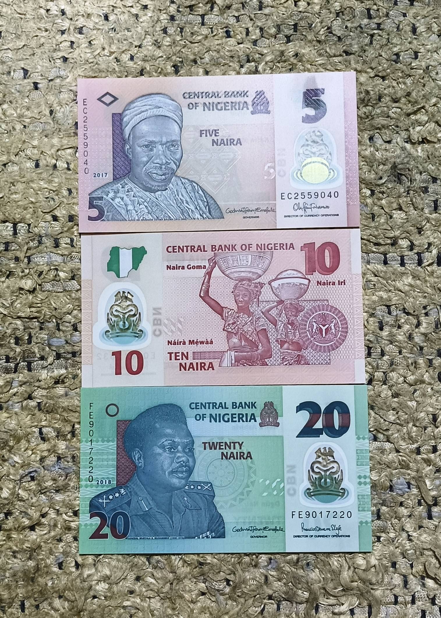 RARE POLYMER SET OF NIGERIA WITH THREE DIFFERENT DENOMINATION,,5,,10,,20 NAIRA IN TOP UNC GRADE,,PAPER QUALITY HIGH GRADE POLYMER,,, RARE POLYMER SET OF NIGERIA WITH THREE DIFFERENT DENOMINATION,,5,,10,,20 NAIRA IN TOP UNC GRADE,,PAPER QUALITY HIGH GRADE POLYMER,,,