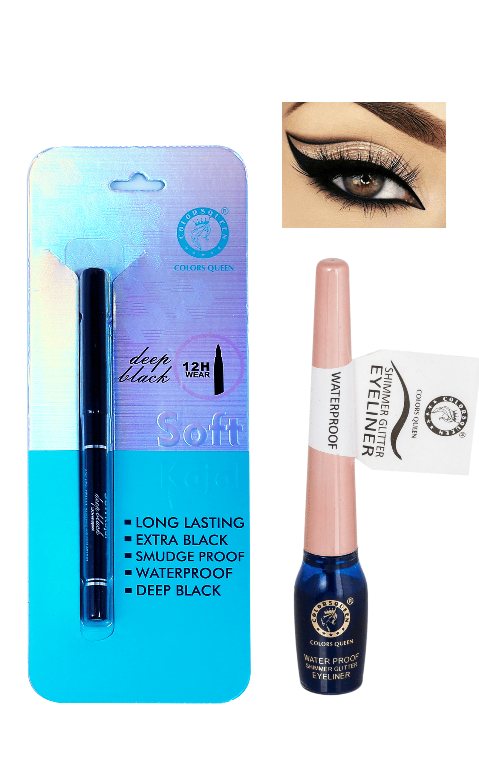 Colors Queen Long Lasting Deep Black Kajal Liquid Black with Eyeliner (Combo of 2) - Makeup - Eyes | Buy online on ZillyBuy