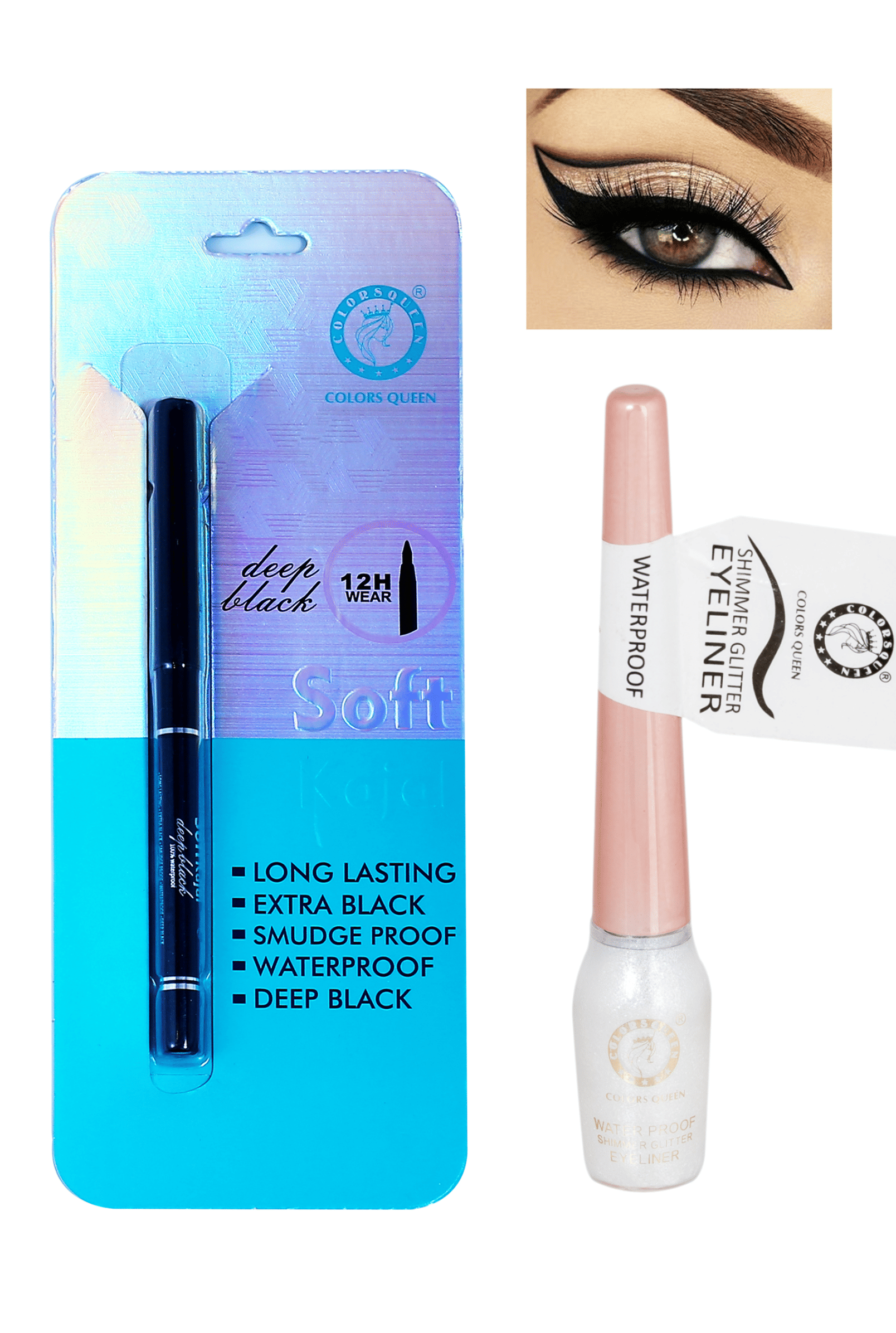     			Colors Queen Long Lasting Deep Black Kajal Liquid Black with Eyeliner (Combo of 2)
