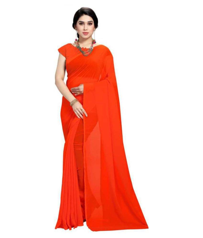 ANAND SAREES Georgette Solid Saree With Unstitched Blouse Piece ( Red )     			ANAND SAREES Georgette Solid Saree With Unstitched Blouse Piece ( Red )