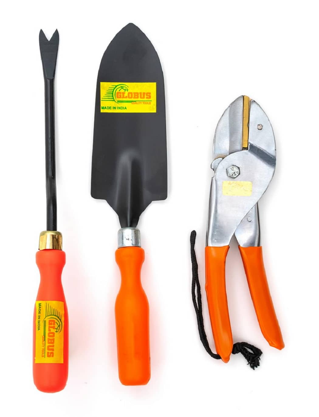 GLOBUS GARDEN TOOL SET/3 PCS TRANSPLANTER, WEEDER ORANGE COLOUR PLASTIC HANDLE AND PRUNING SHEAR 8" BEND MODEL. CHROME