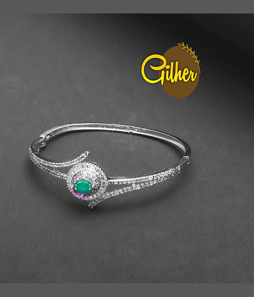 Gilher Fancy American Diamond Green Stone Bracelet With Side Open Lock For Women And Girls