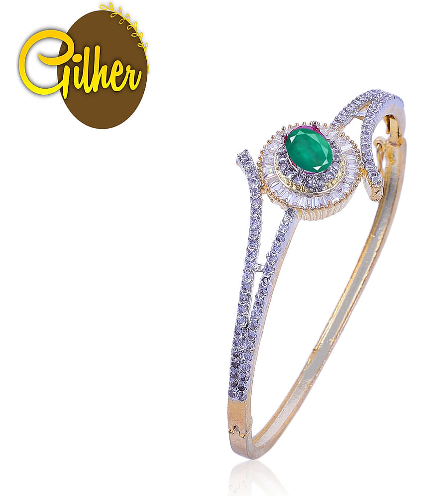 Gilher Fancy American Diamond Green Stone Bracelet With Side Open Lock For Women And Girls