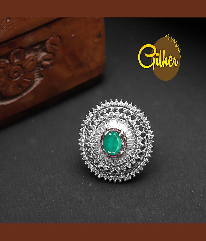 Gilher fashion Silver Plated American Diamond Green Stone Cocktail Ring With Adjustable Size For Women And Girls.